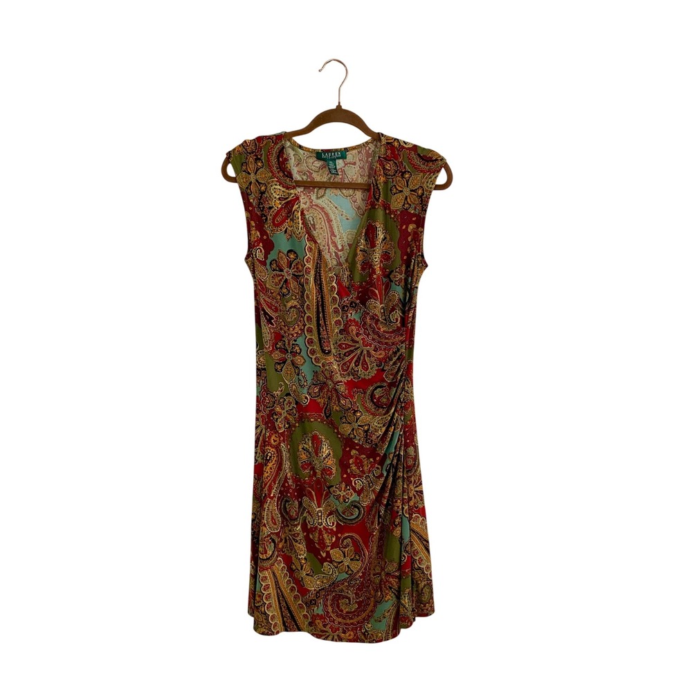 Lauren Ralph Lauren Paisley Faux Wrap Dress PM Boho Whimsigoth‎ V-Neck Knit